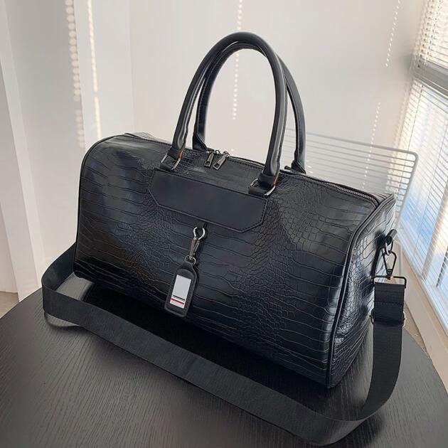 Black Crocodile-Pattern Faux Leather Travel Duffel Bag